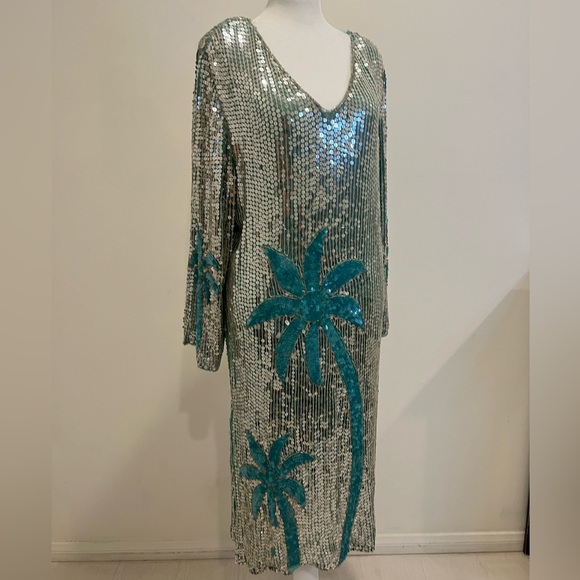VINTAGE | SEQUIN SILK ART DECO PALM TREE MIAMI TROPICAL SILVER DISCO DRE… - Picture 10 of 15